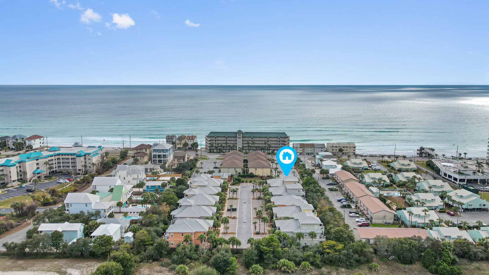 Aerial showing where the townhome is -We are a 3 minute walk to the beach