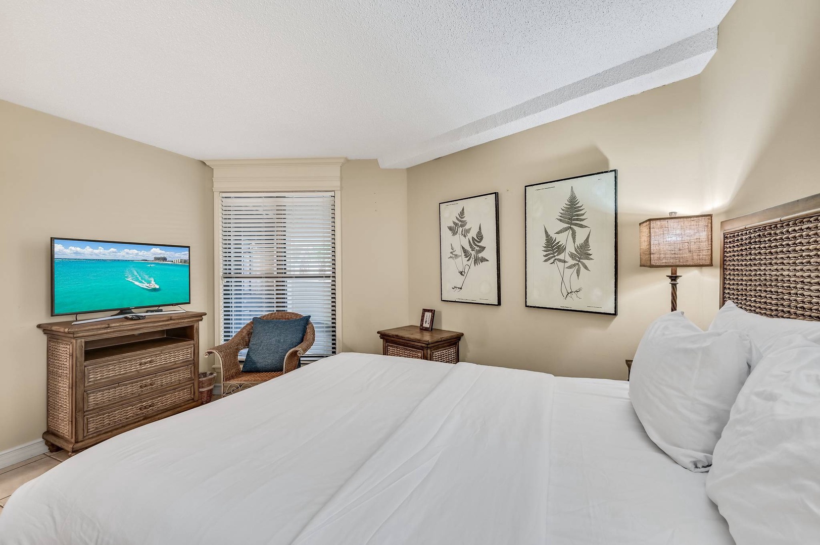 Guest bedroom with queen bed and TV