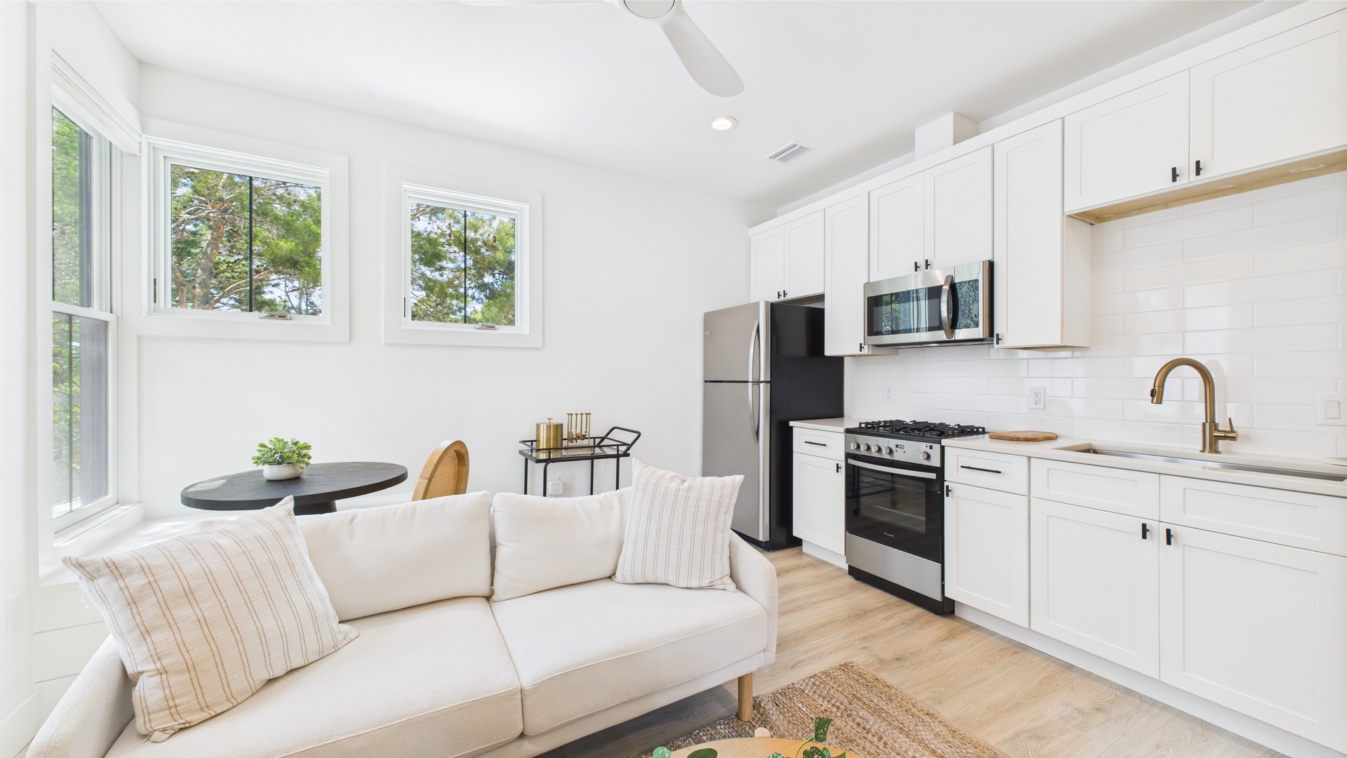 Living area and full kitchen
