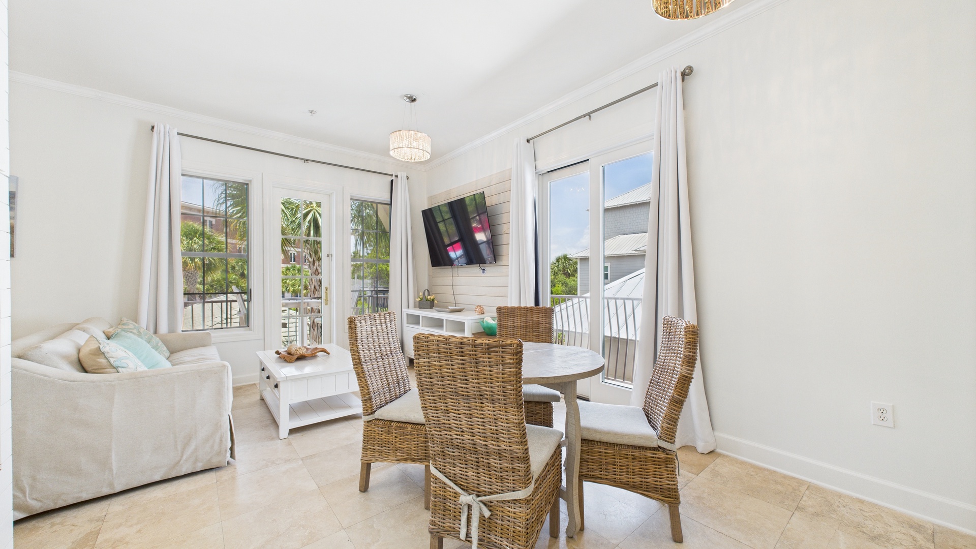 Open living area with dining table and stylish furnishings