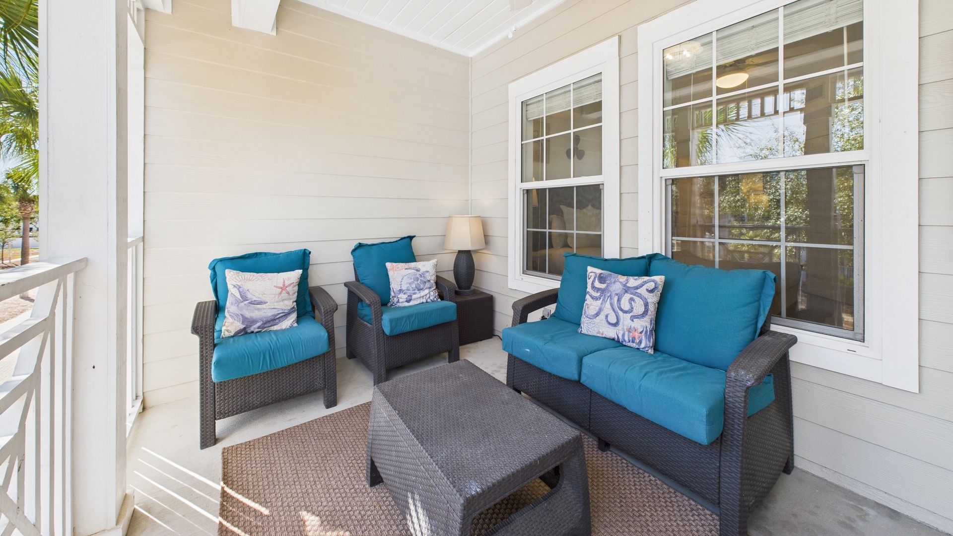 Balcony with comfortable furnishings and scenic views