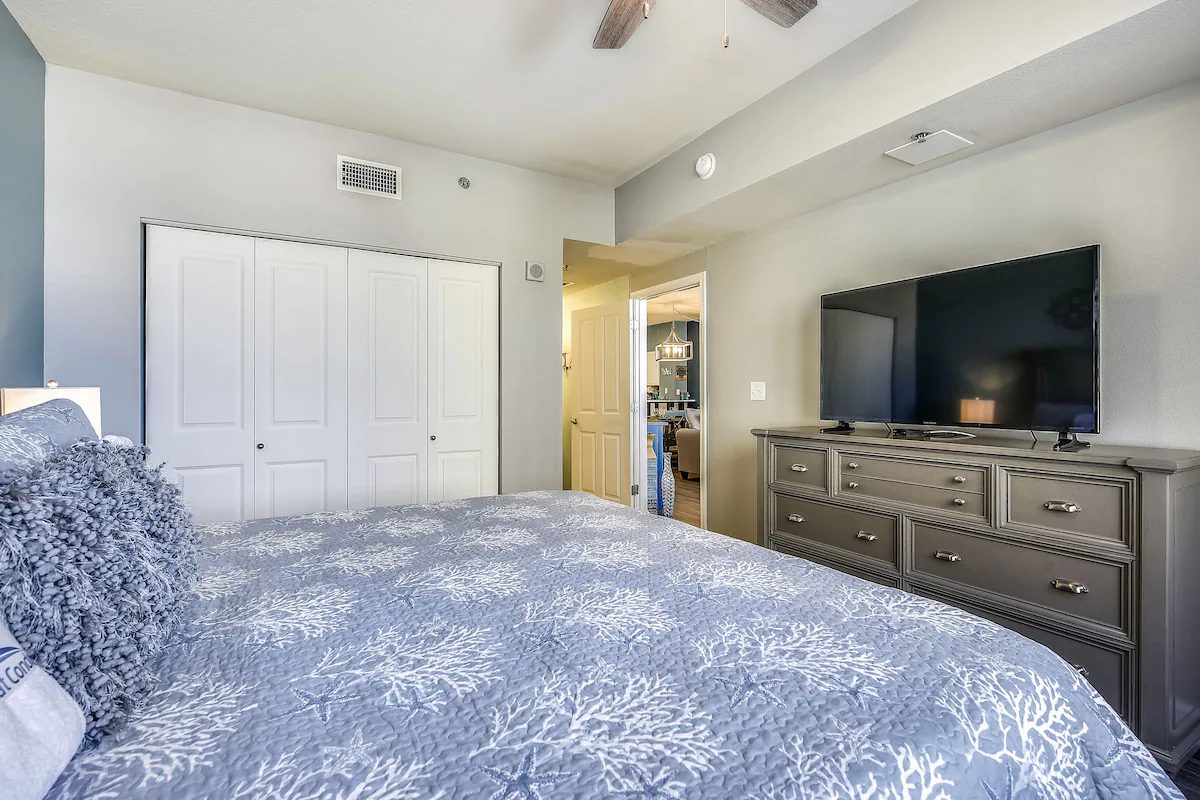Primary bedroom with king bed TV and ensuite bathroom