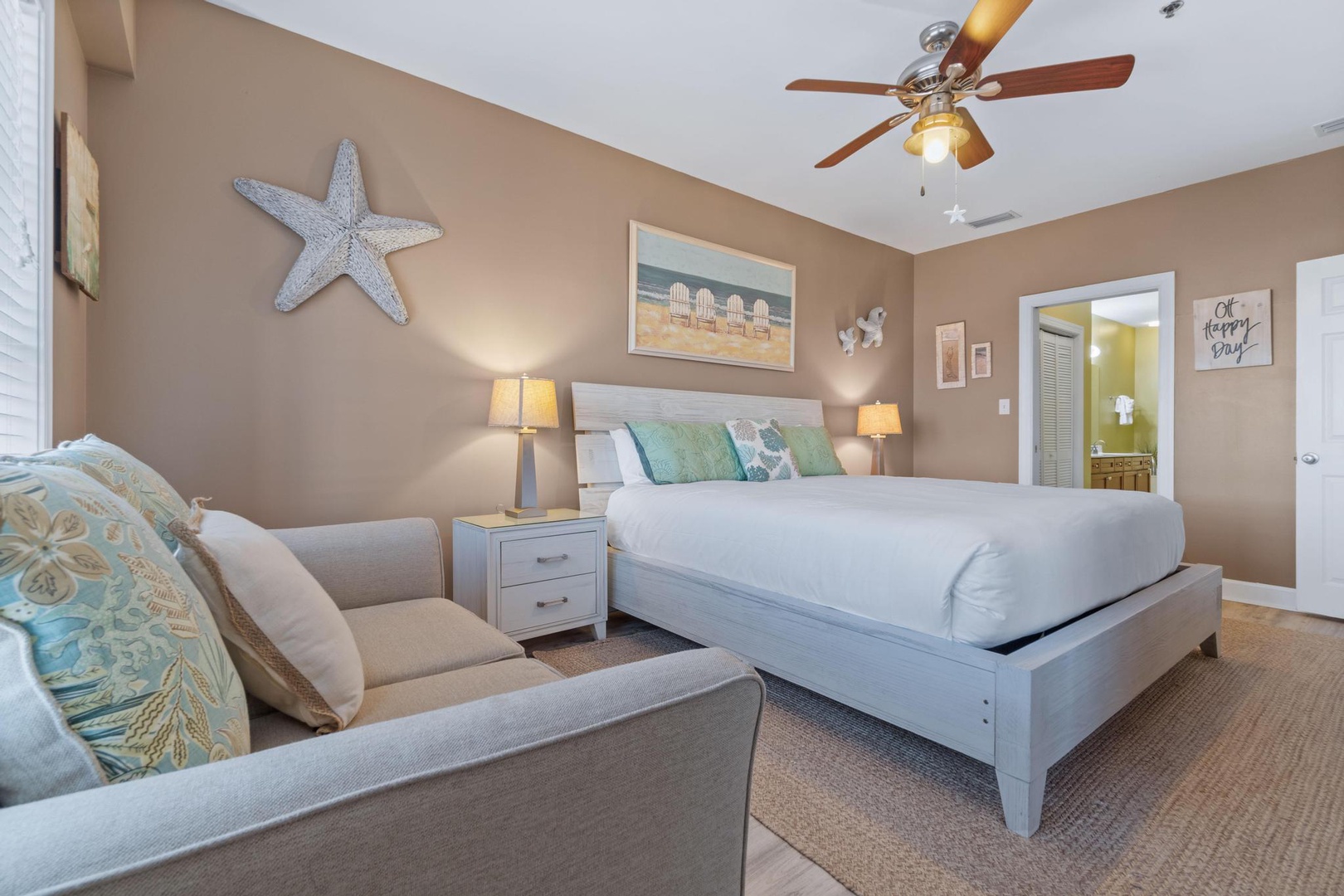 The luxury master suite includes a spacious bedroom with beautiful views of the ocean, a private entry to the balcony, a king size bed, TV/DVD, and ample closet space.