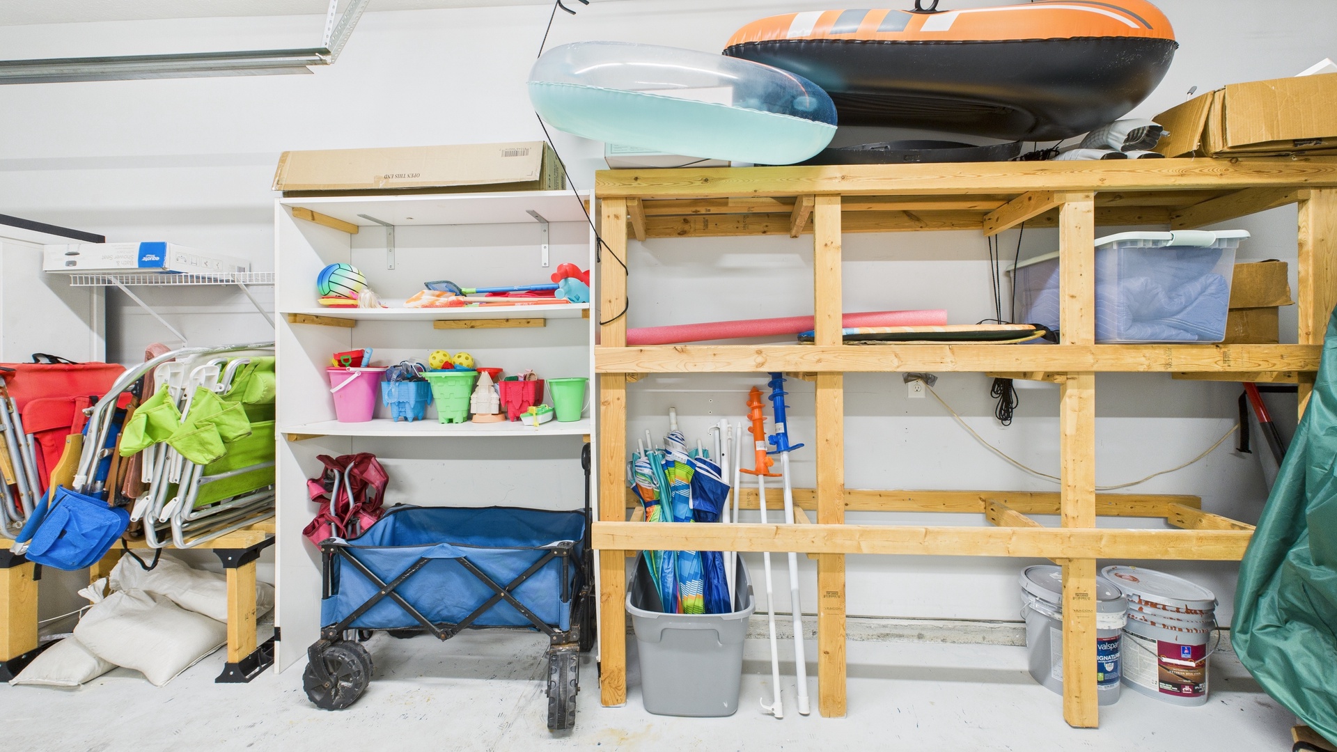 Various beach toys and wagon for guest use