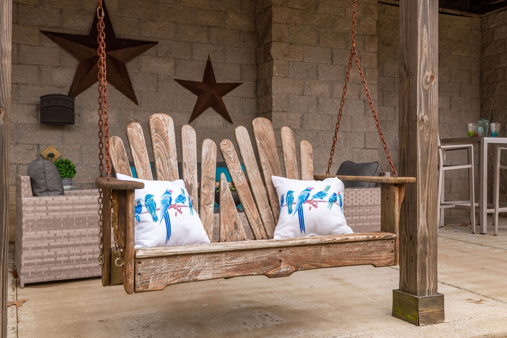 Porch swing on the lower level