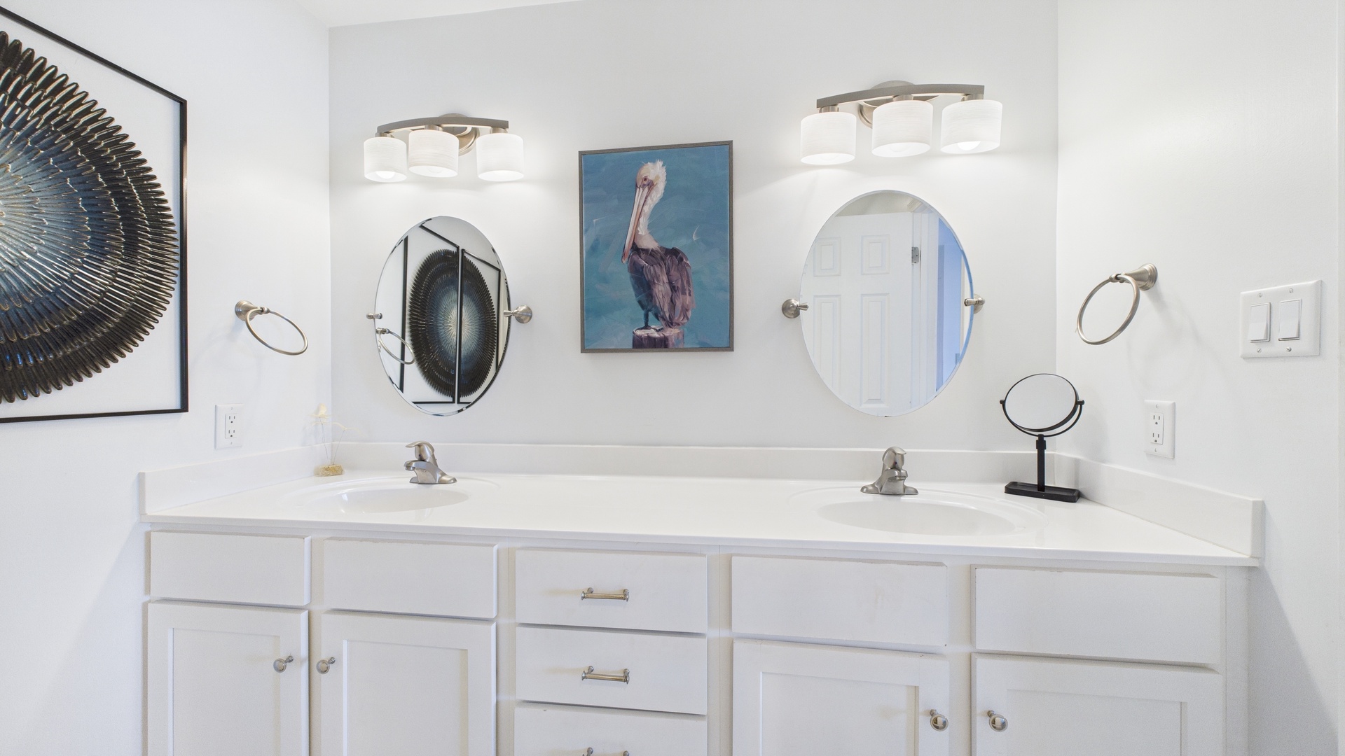 Master bathroom with dual vanity and walk in shower