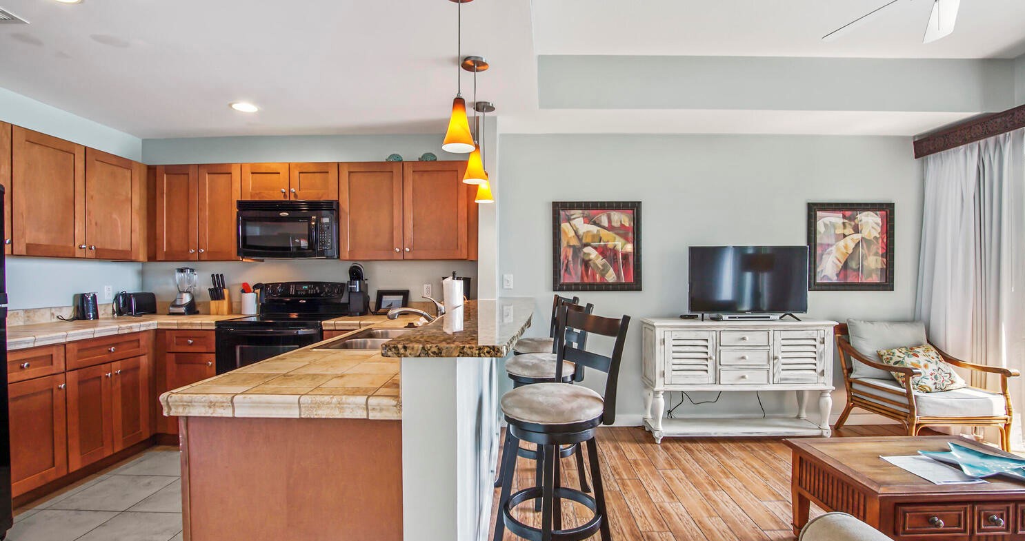 Kitchen area with bar seating