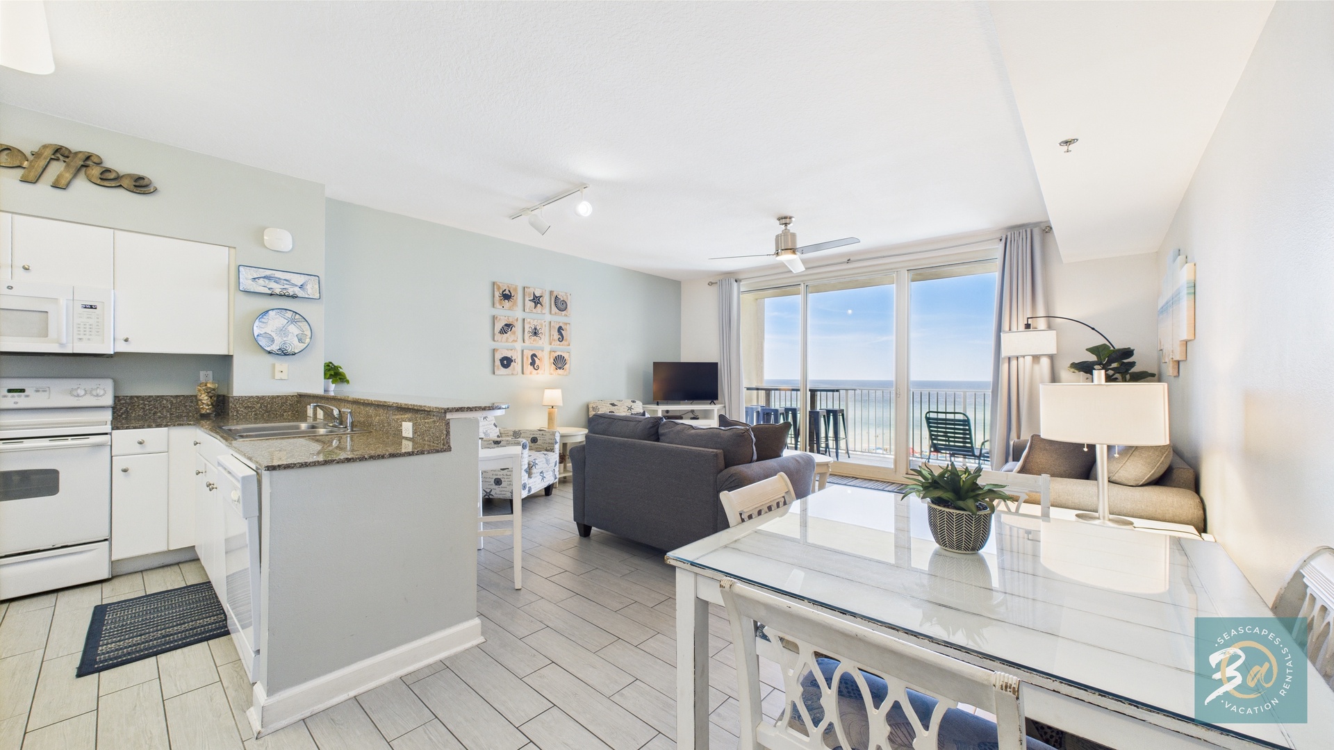 Living area with kitchen and dining area