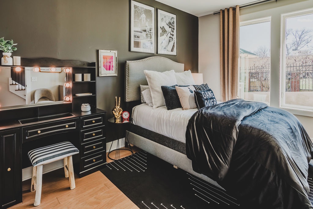 First bedroom with queen bed TV and ensuite bathroom