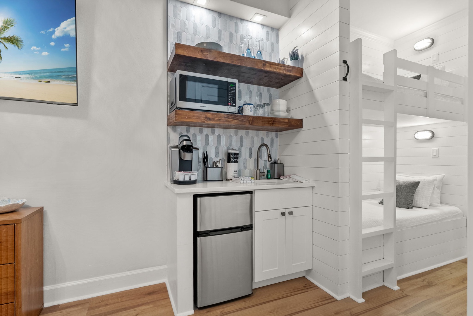 Kitchen area with cooking and coffee essentials