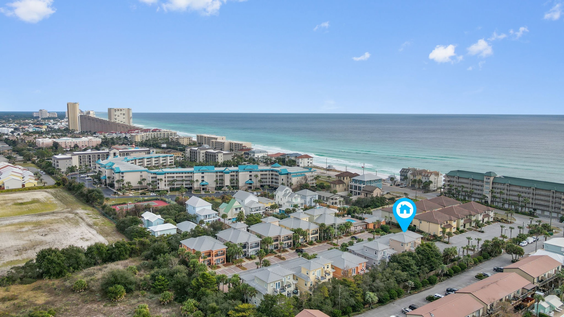 Aerial showing where the townhome is -We are a 3 minute walk to the beach