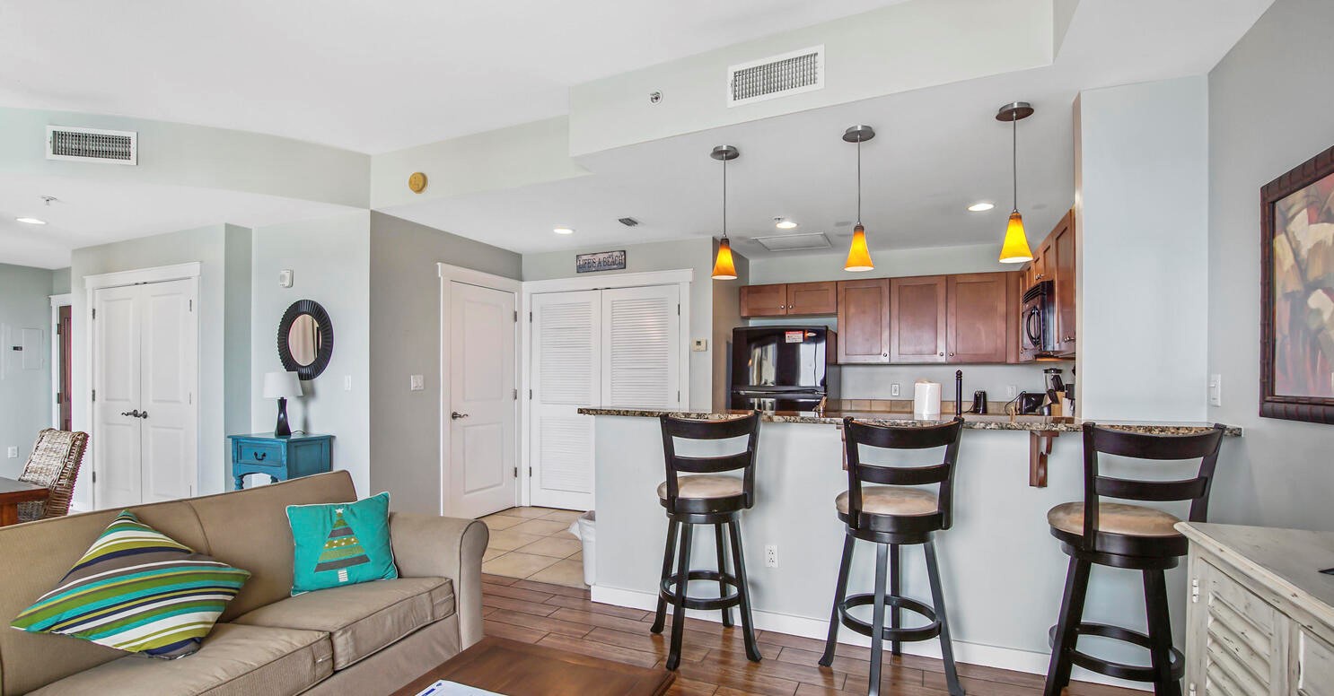 Kitchen area with bar seating