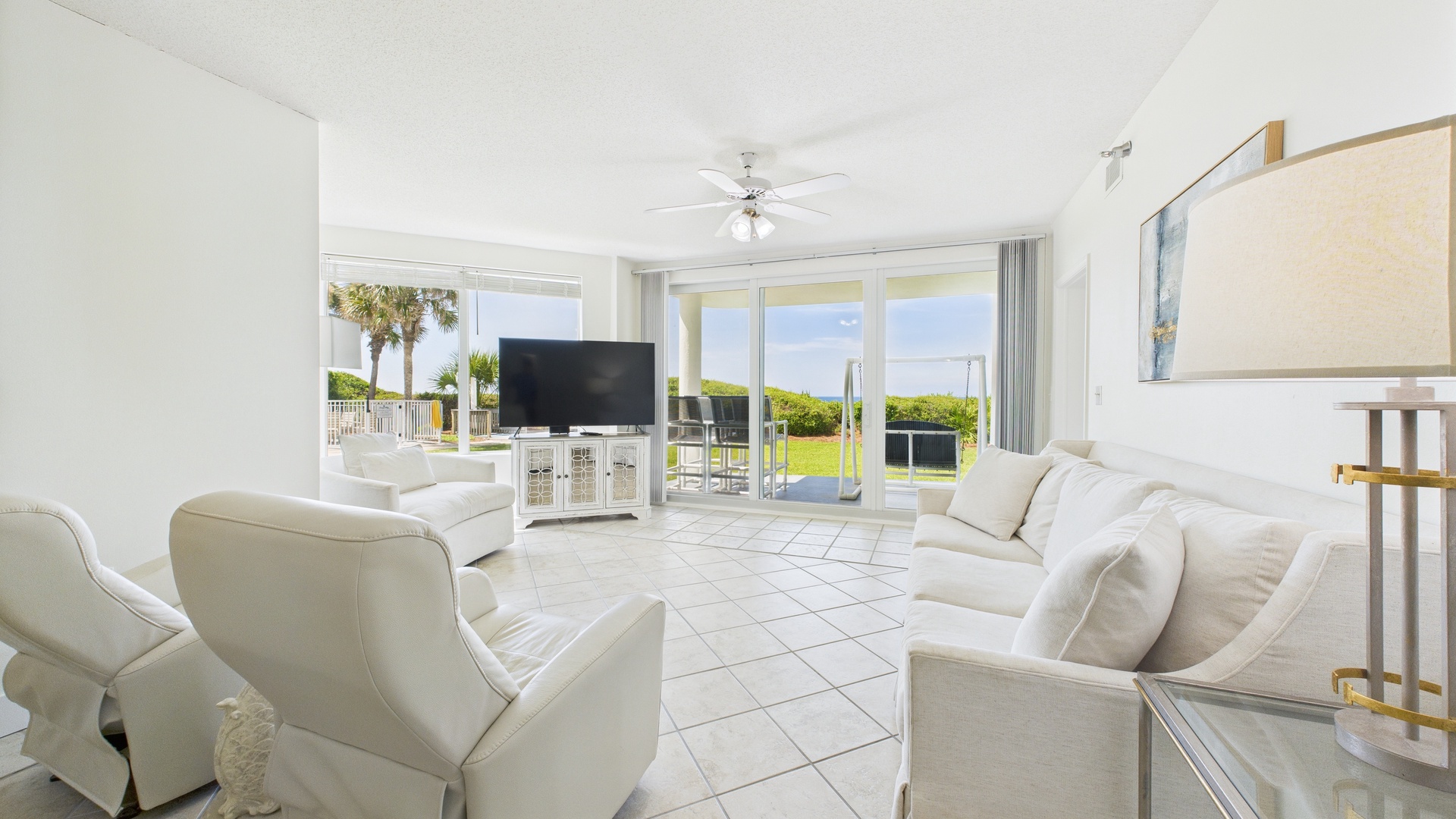 Open concept living area with stylish furnishings and scenic views