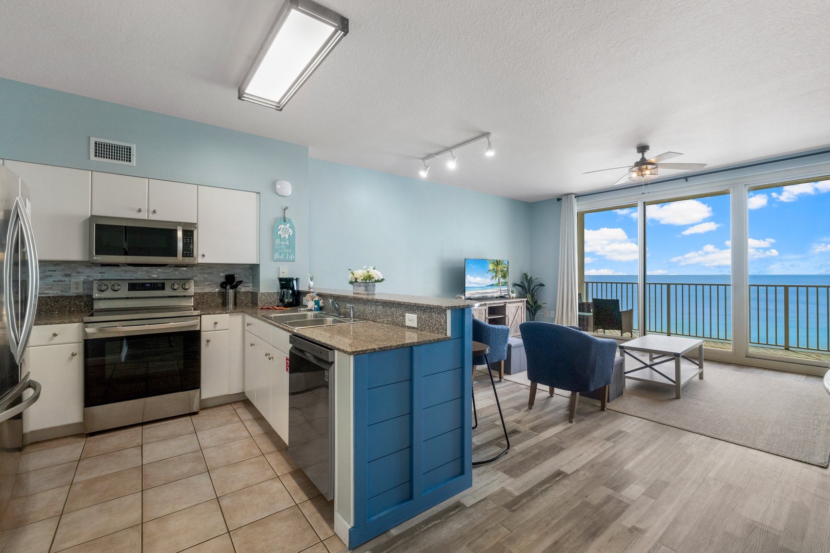 Kitchen and Living room area with beatiful views