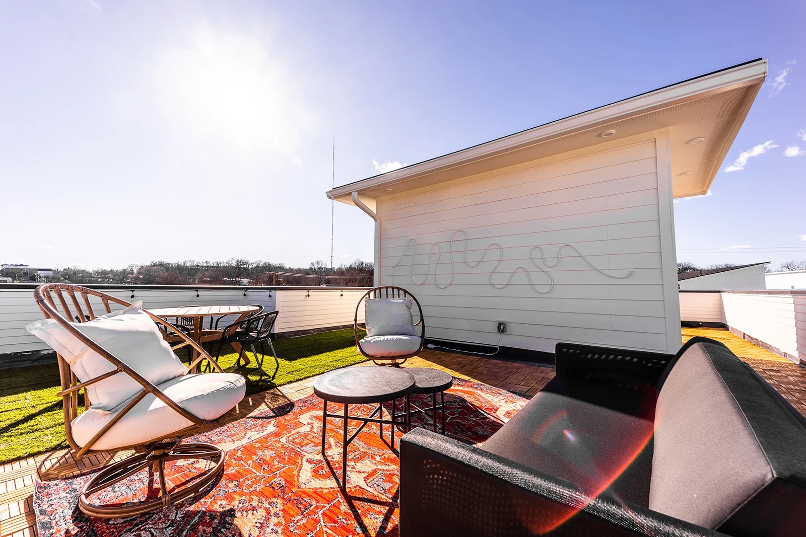 Rooftop deck with photo op and comfortable seating