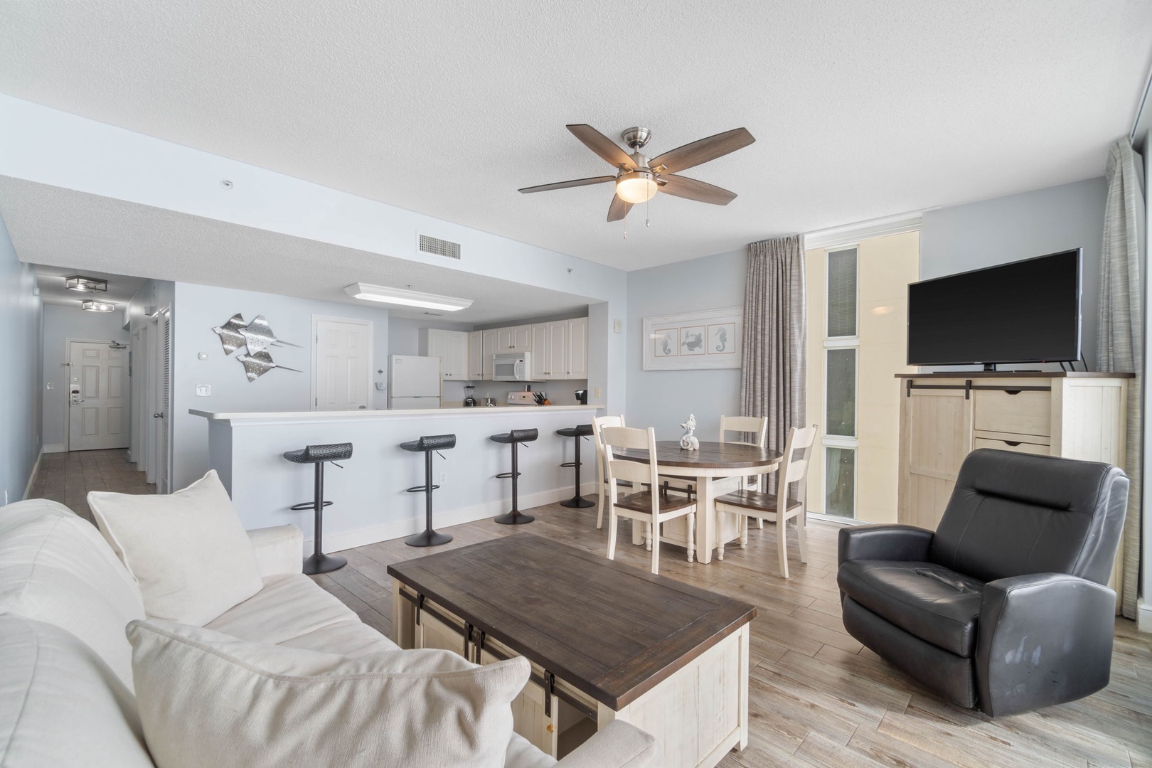 Living area and kitchen view