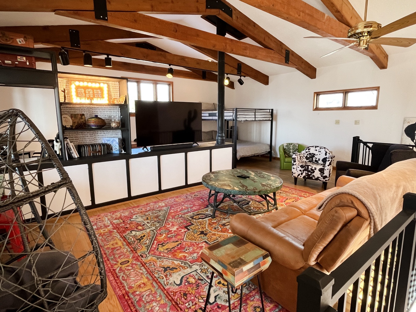 Upstairs living room is comfy, functional and great for groups