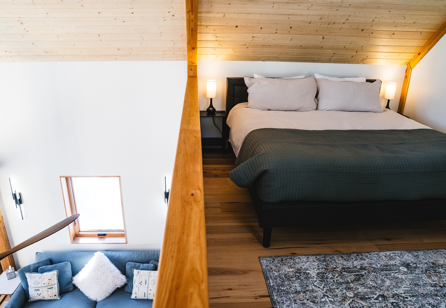 Wood floors, wood ceilings, living area below