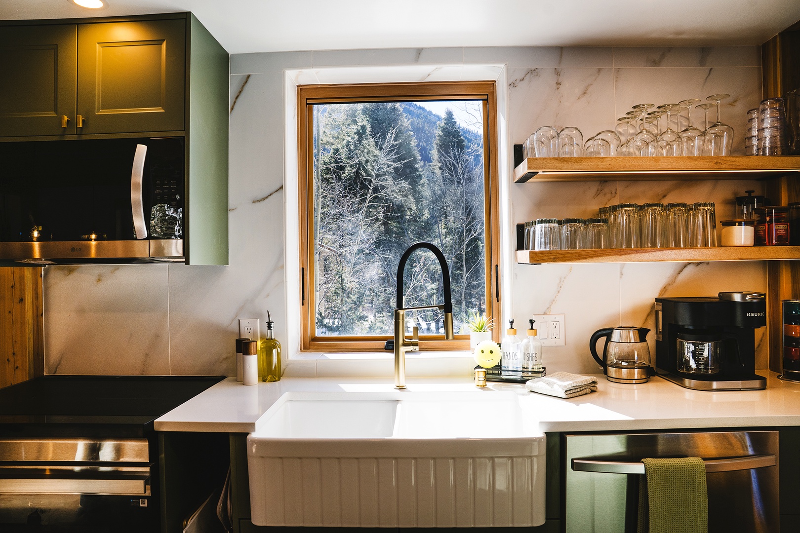 Farm sink and pine trees