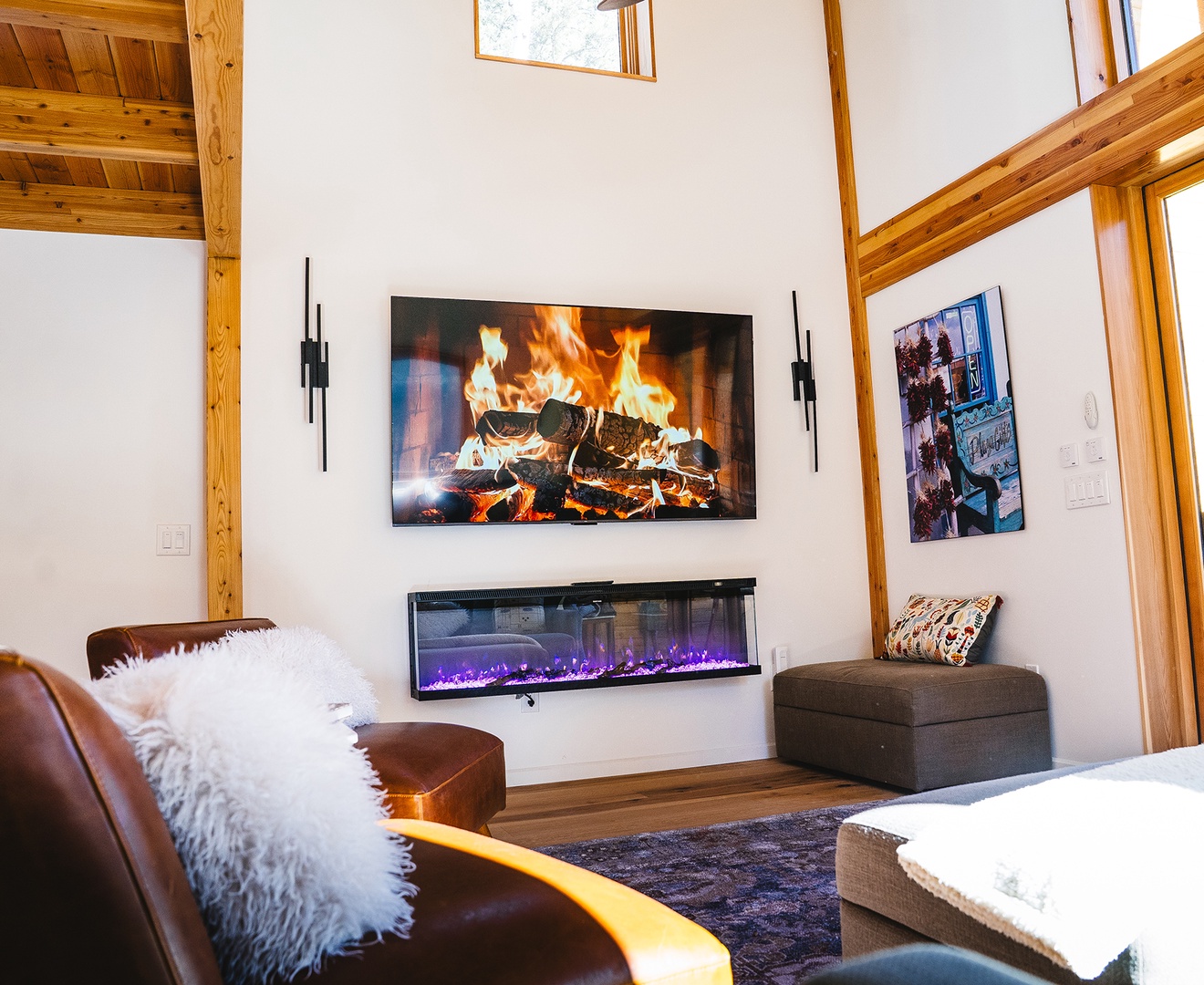 Flat screen TV and electric color changing fireplace