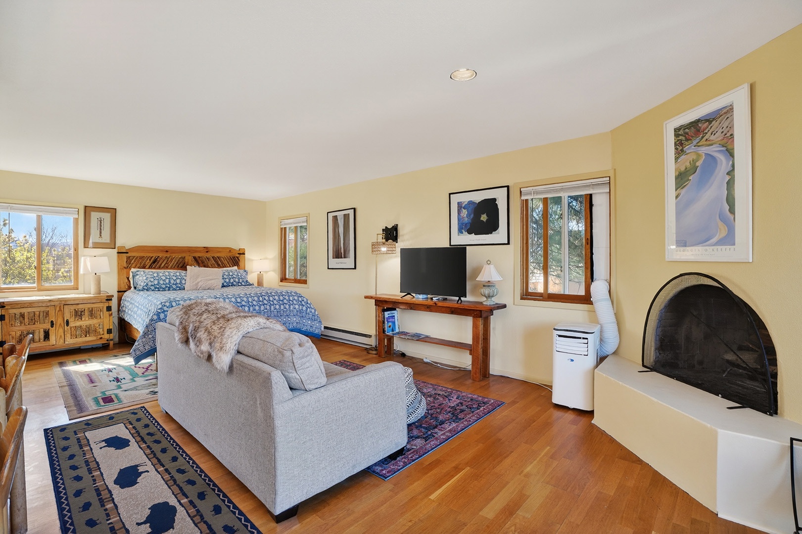Living area with smart TV and fireplace