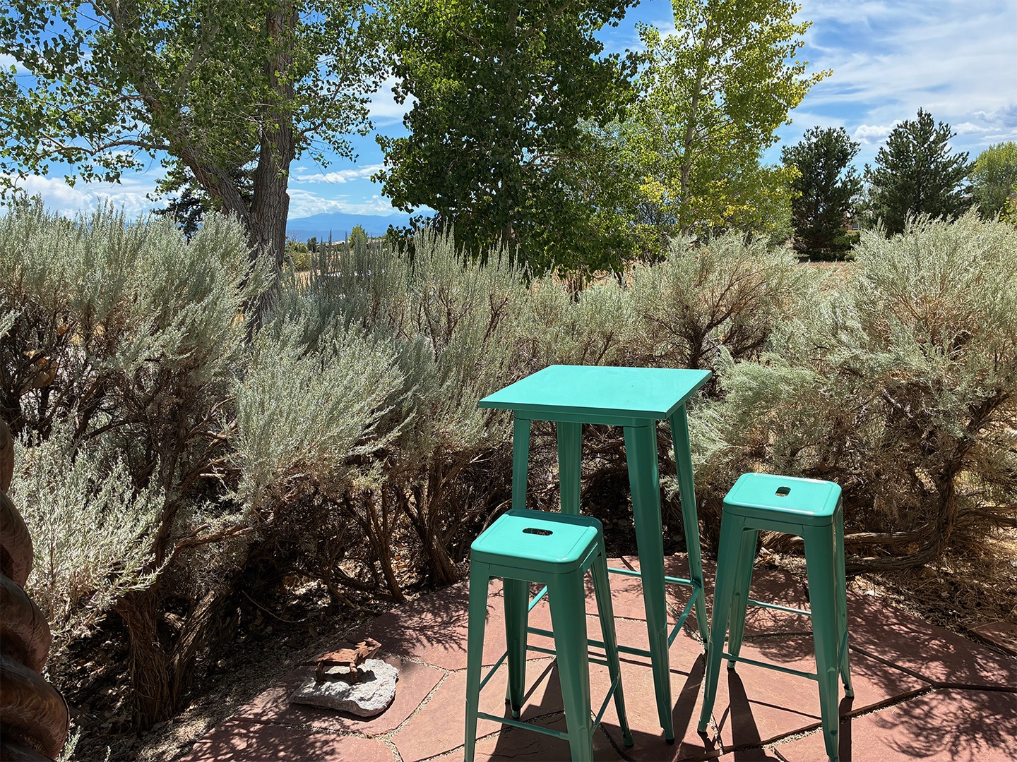 Perfect cafe table on the east side of the house is perfect for shady evening meals or drinks, or sunny morning coffee!