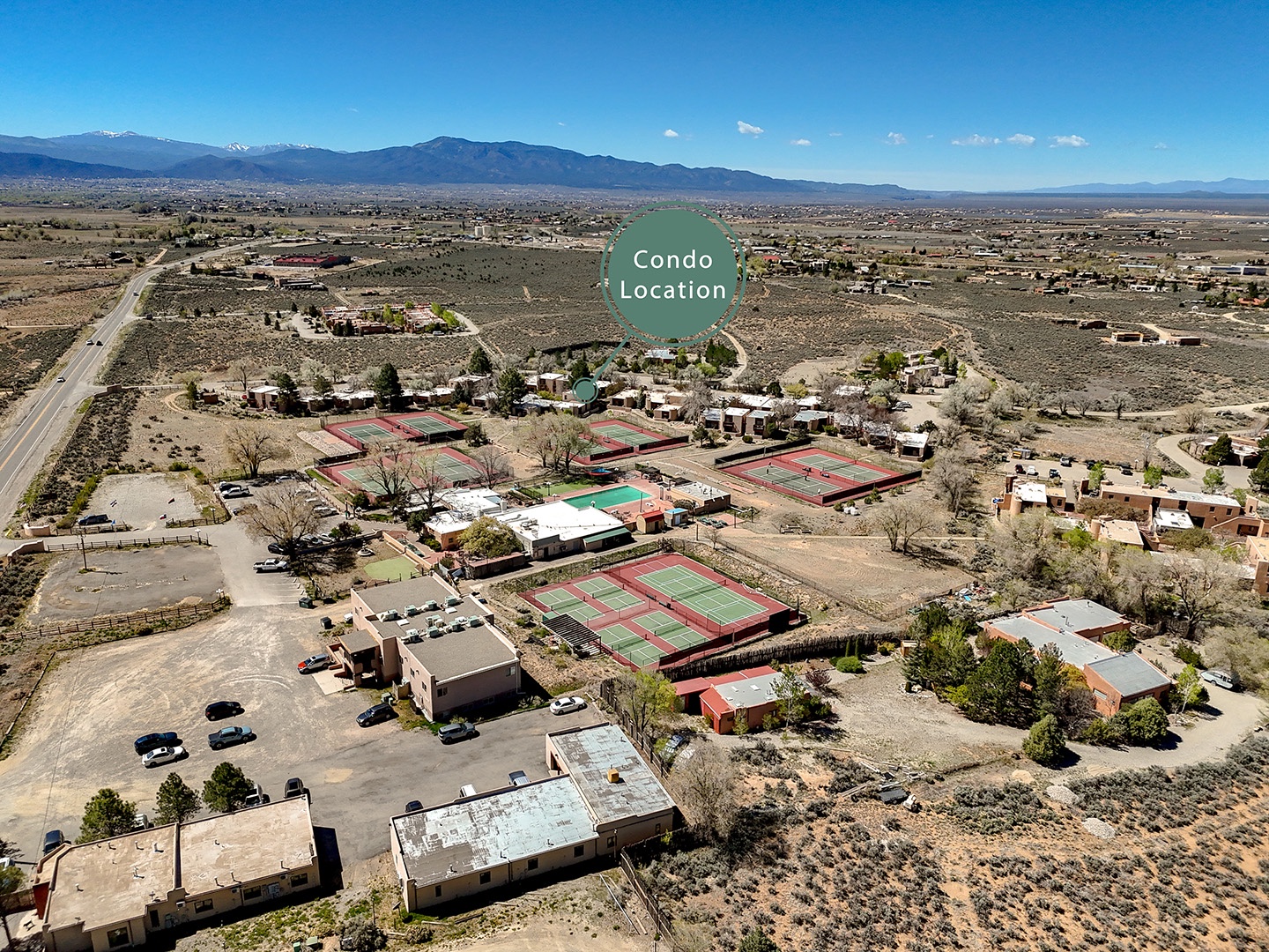 Aerial view of the resort grounds and condo location