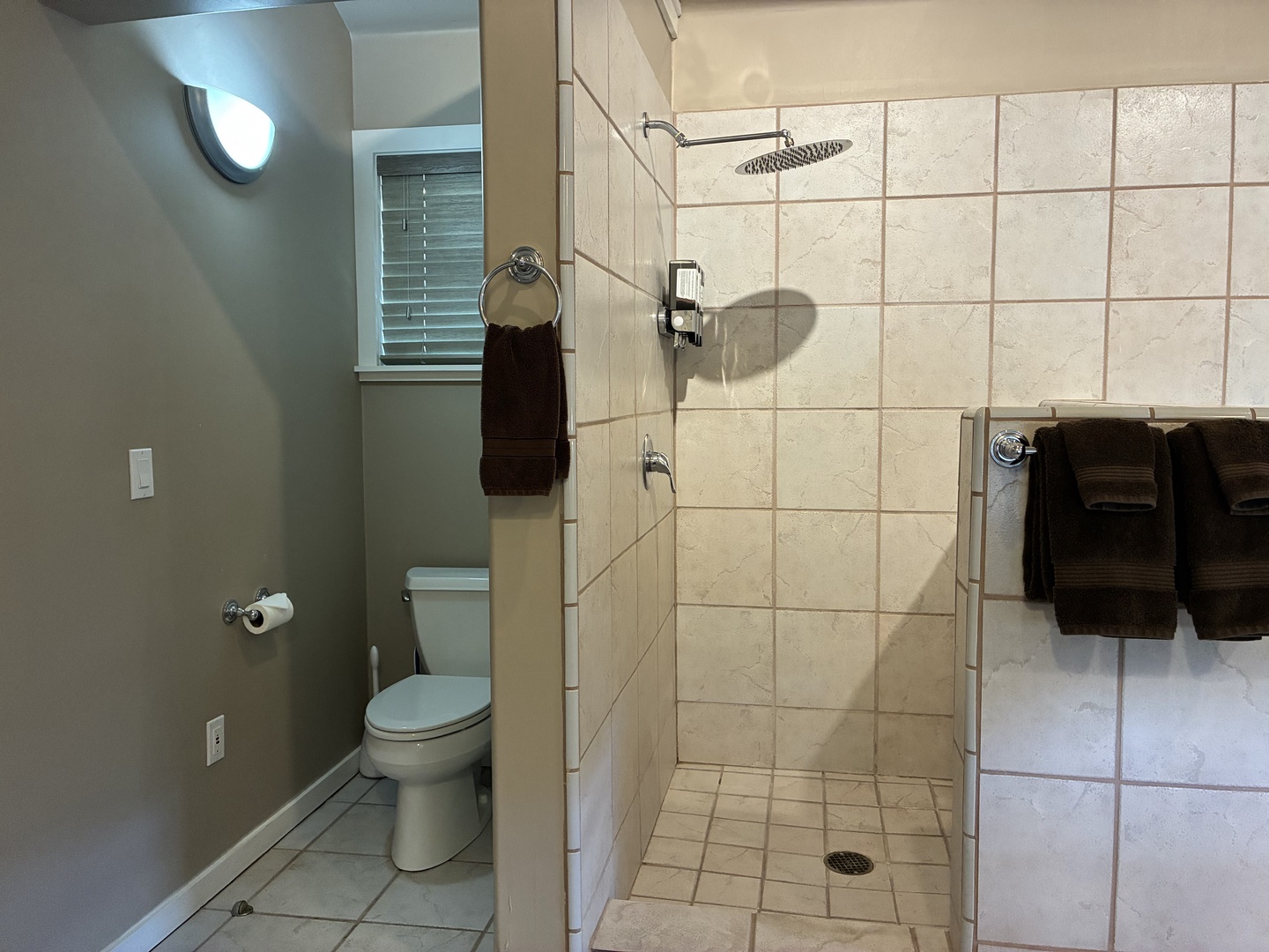 Step into your private sanctuary with a spacious walk-in shower featuring a rainfall showerhead and fresh towels waiting for you. Natural light filters in as you unwind after your adventures.