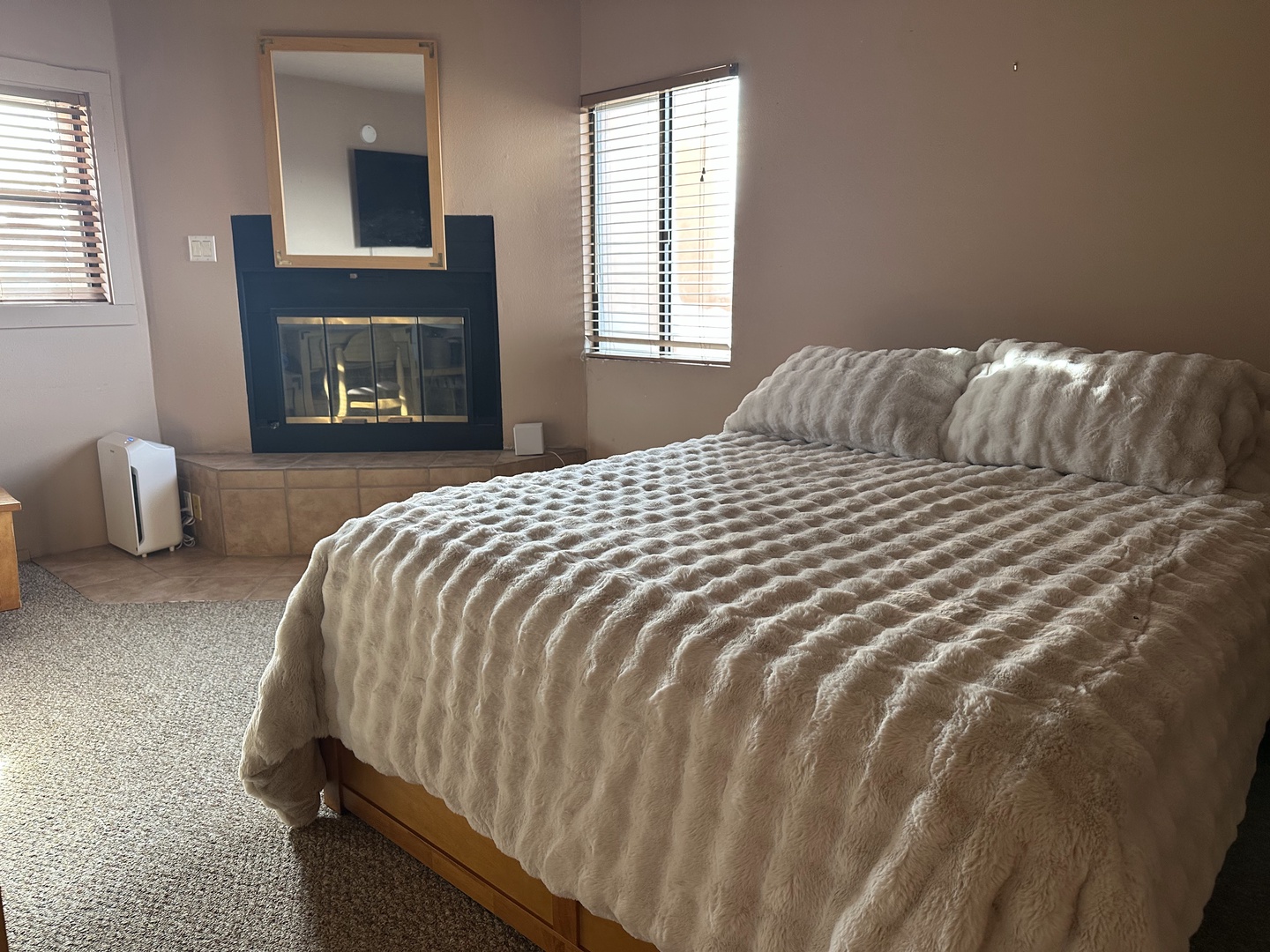 Drift off peacefully in your cozy bedroom, wrapped in soft bedding while the fireplace adds warmth and ambiance to your restful nights.