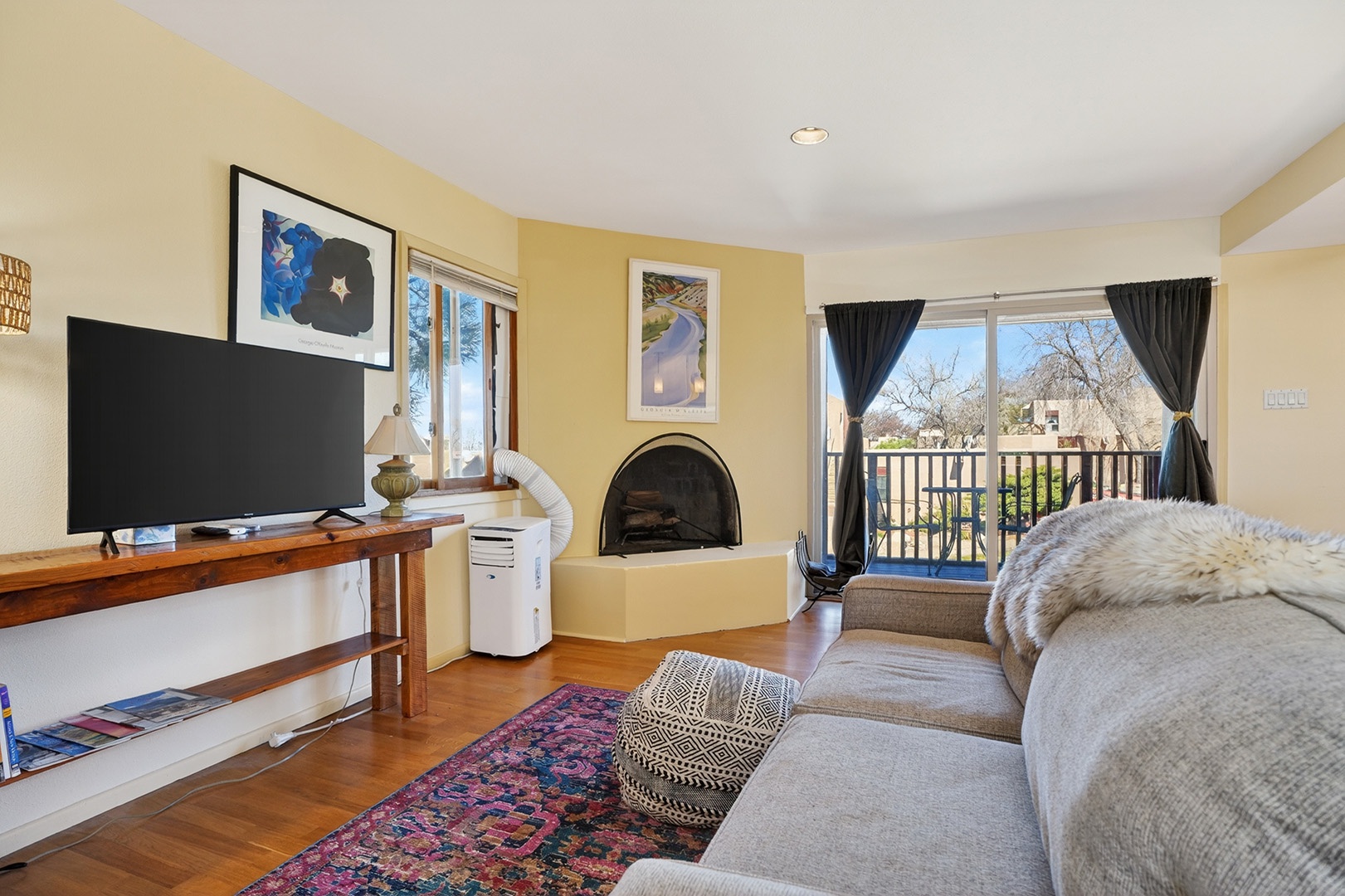 Great fireplace and patio from living room
