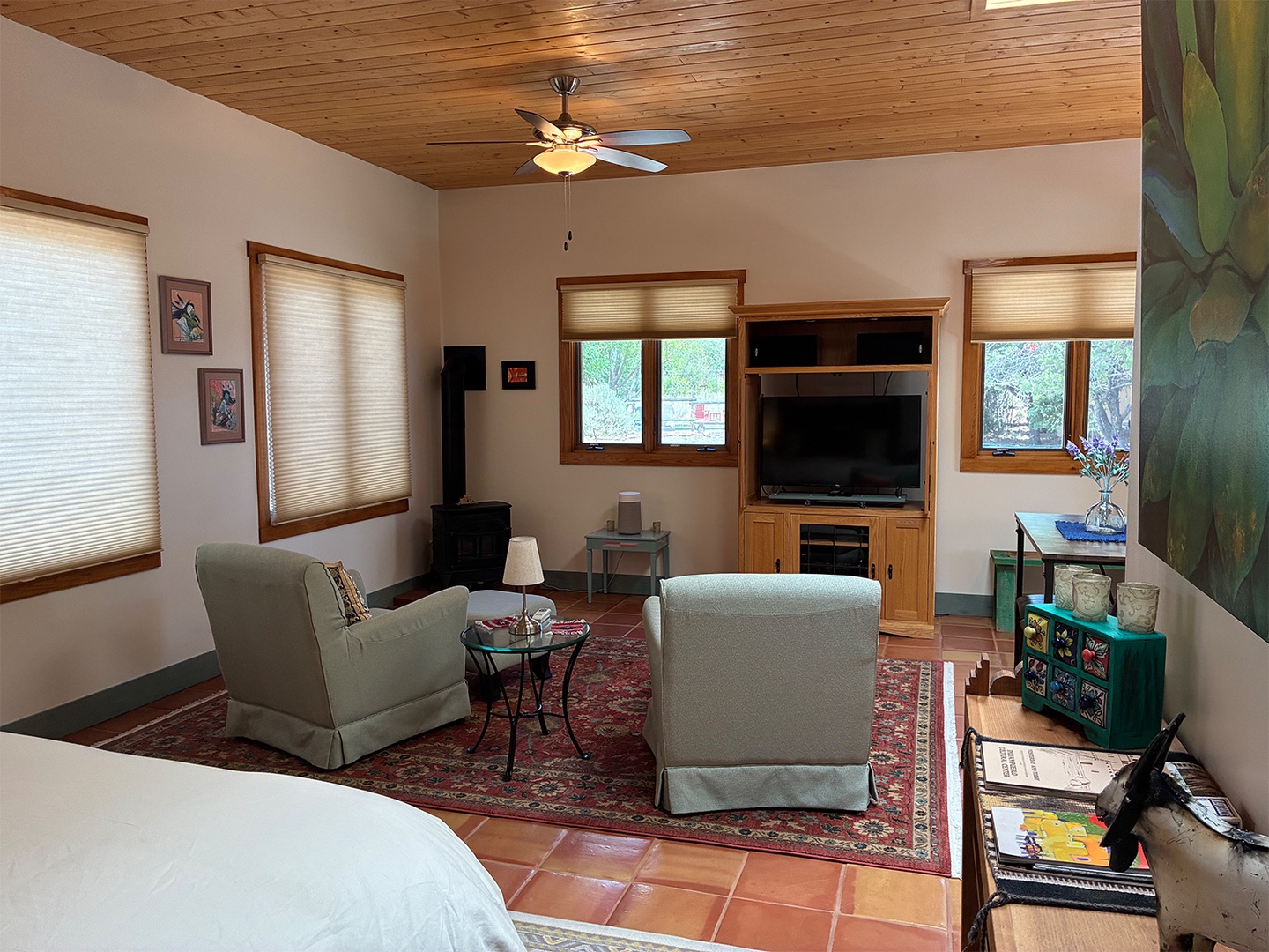 Your cozy retreat features a smart TV and sound system as well for your entertainment.