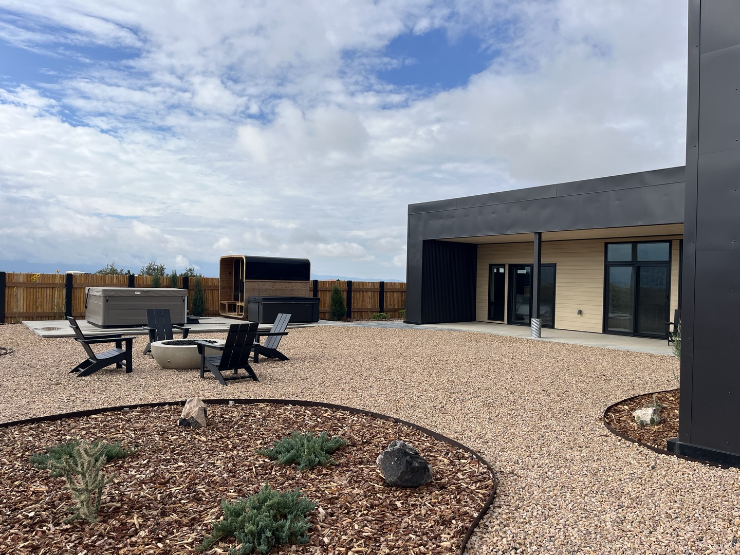 Outside seating, patio and spa amenities