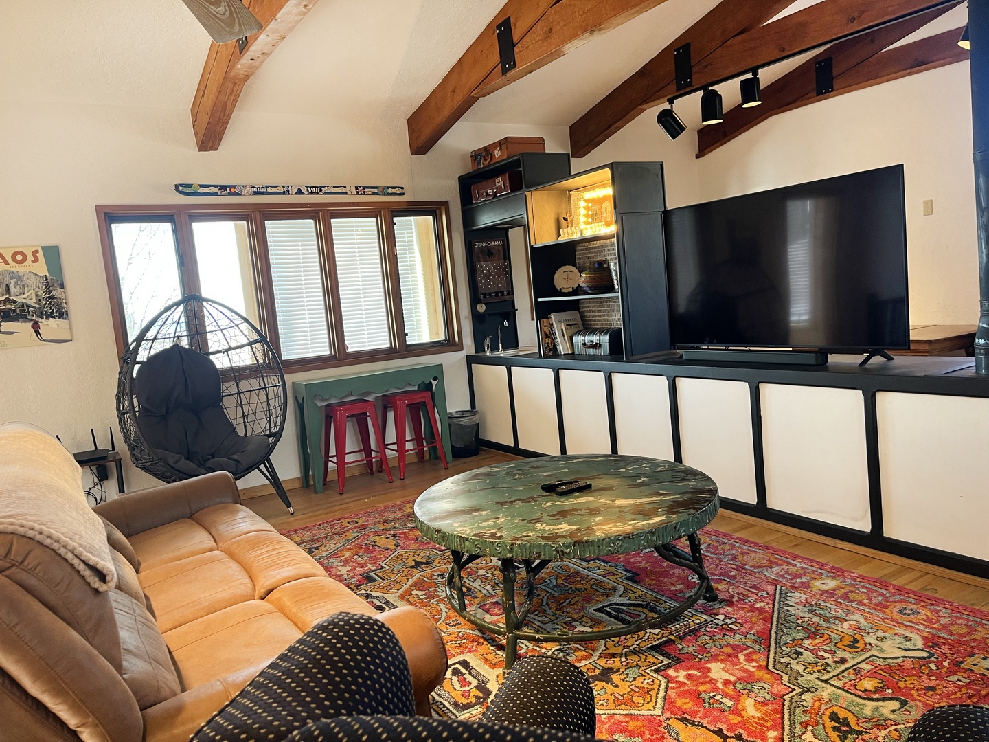 Comfortable, colorful and eclectic, a great place to relax.