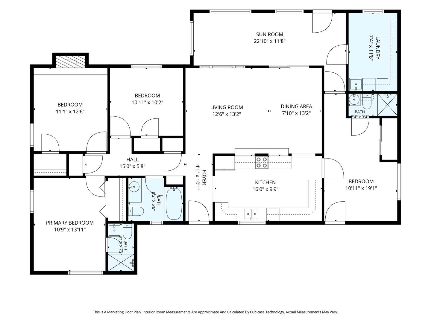 Floor plan showcasing four bedrooms, two baths, an open kitchen, generous living and dining spaces, plus a sunny sunroom—plenty of room to spread out and feel at home.