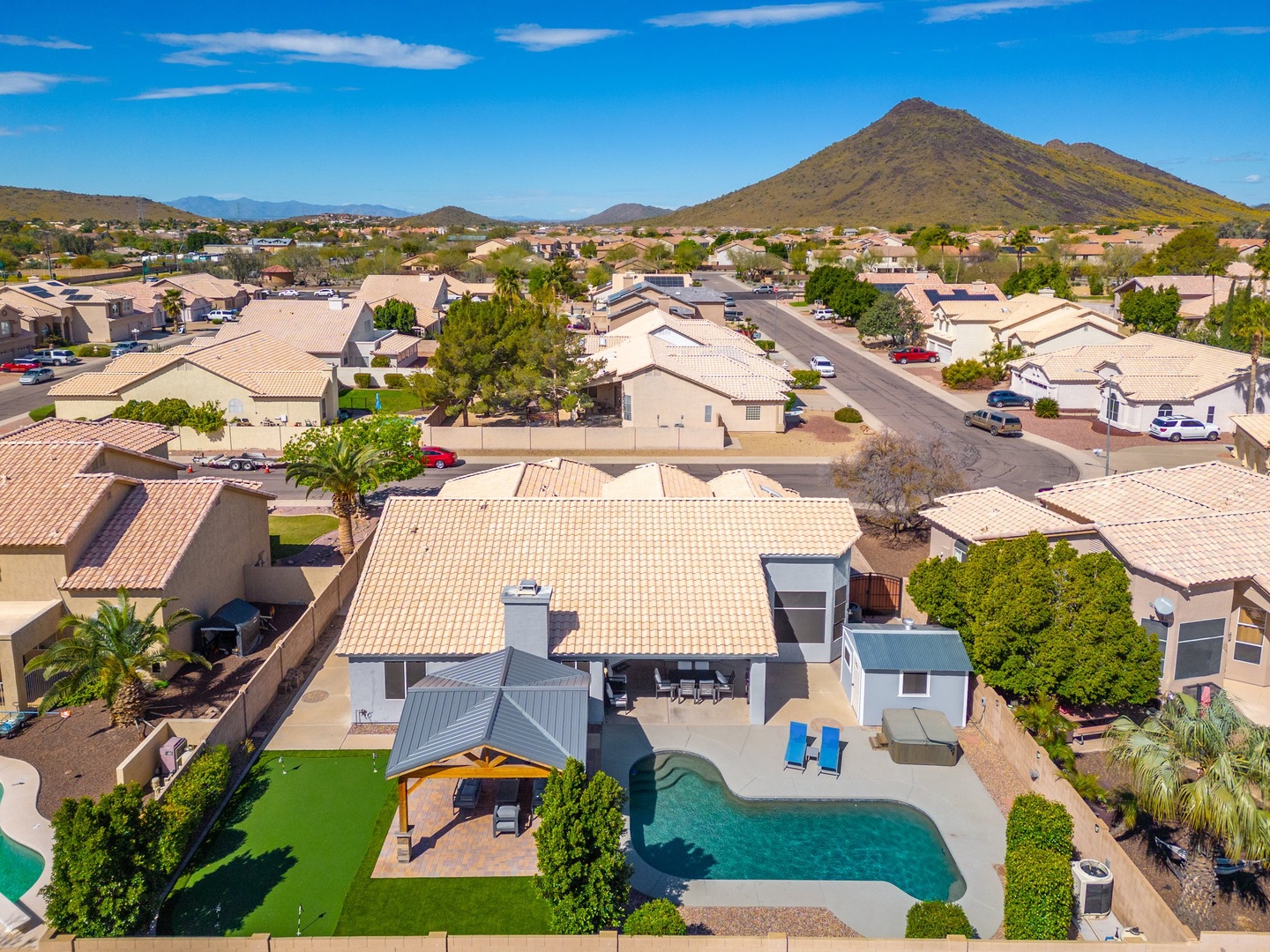 Aerial view of the home's backyard