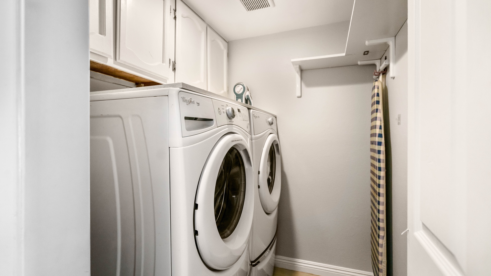 Washer and dryer with detergent available at no extra charge for your convenience.