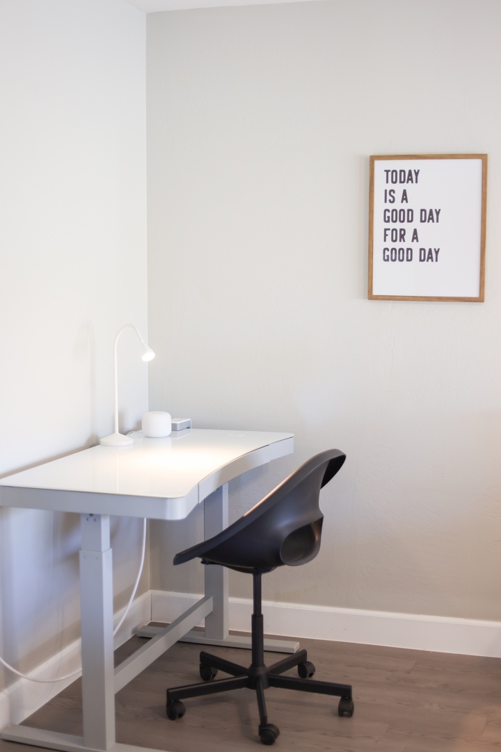 Master Bedroom: Motorized stand-up desk with Ethernet connection and USB charging station. Desk also includes wireless charing pad for your phone!