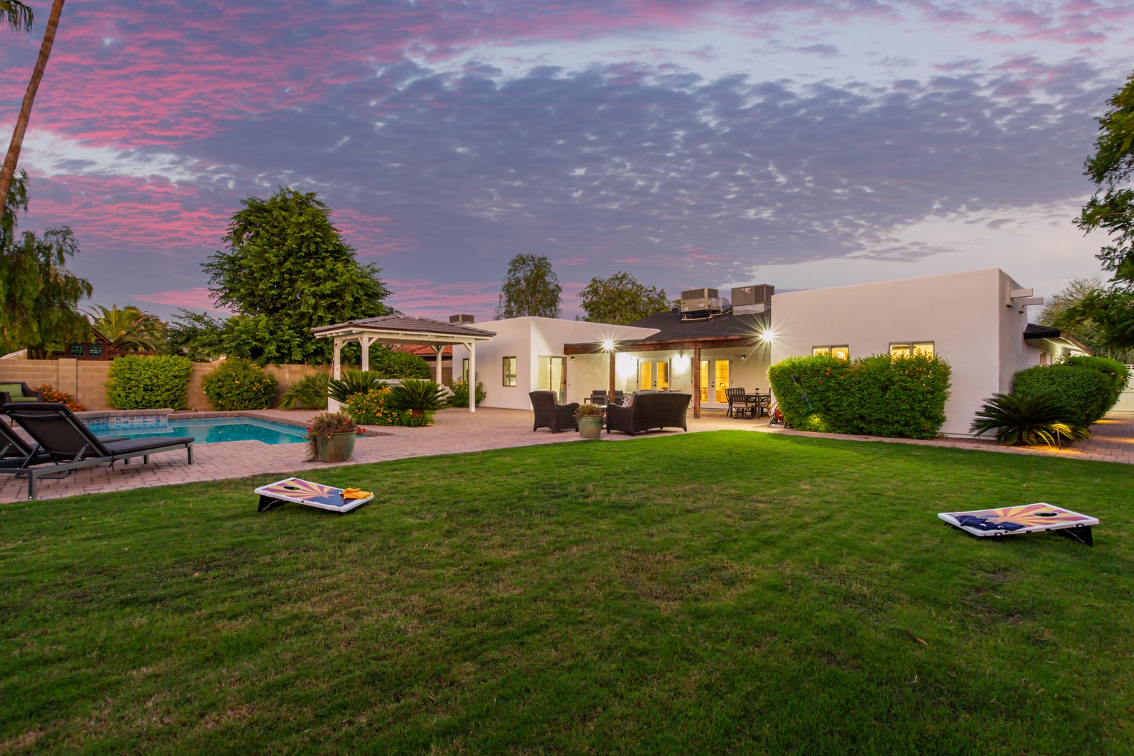 Large backyard with yard games