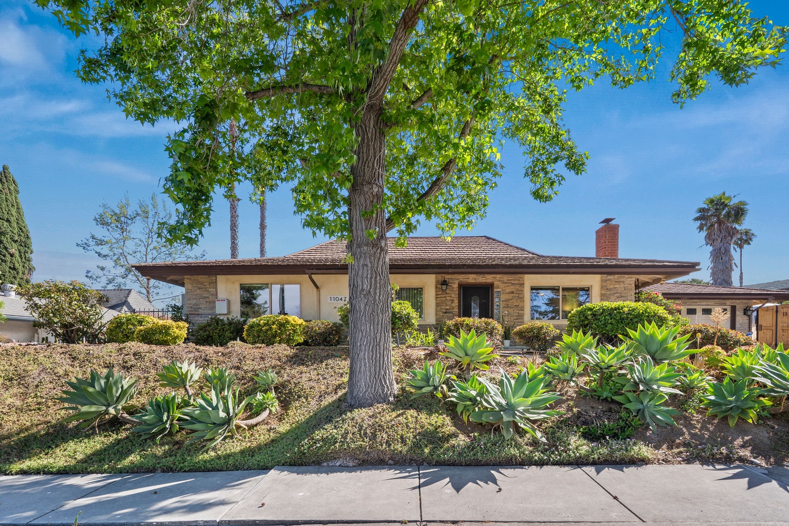 A charming single-story home nestled beneath mature trees, featuring classic architecture and lush landscaping in a peaceful neighborhood setting.