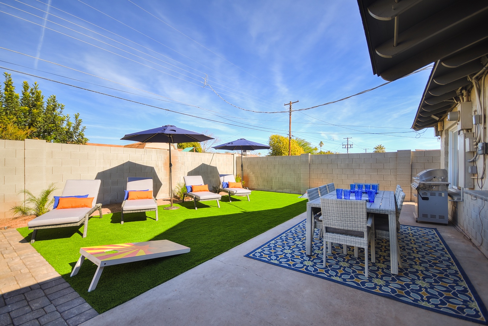 Patio and lounge area with backyard games