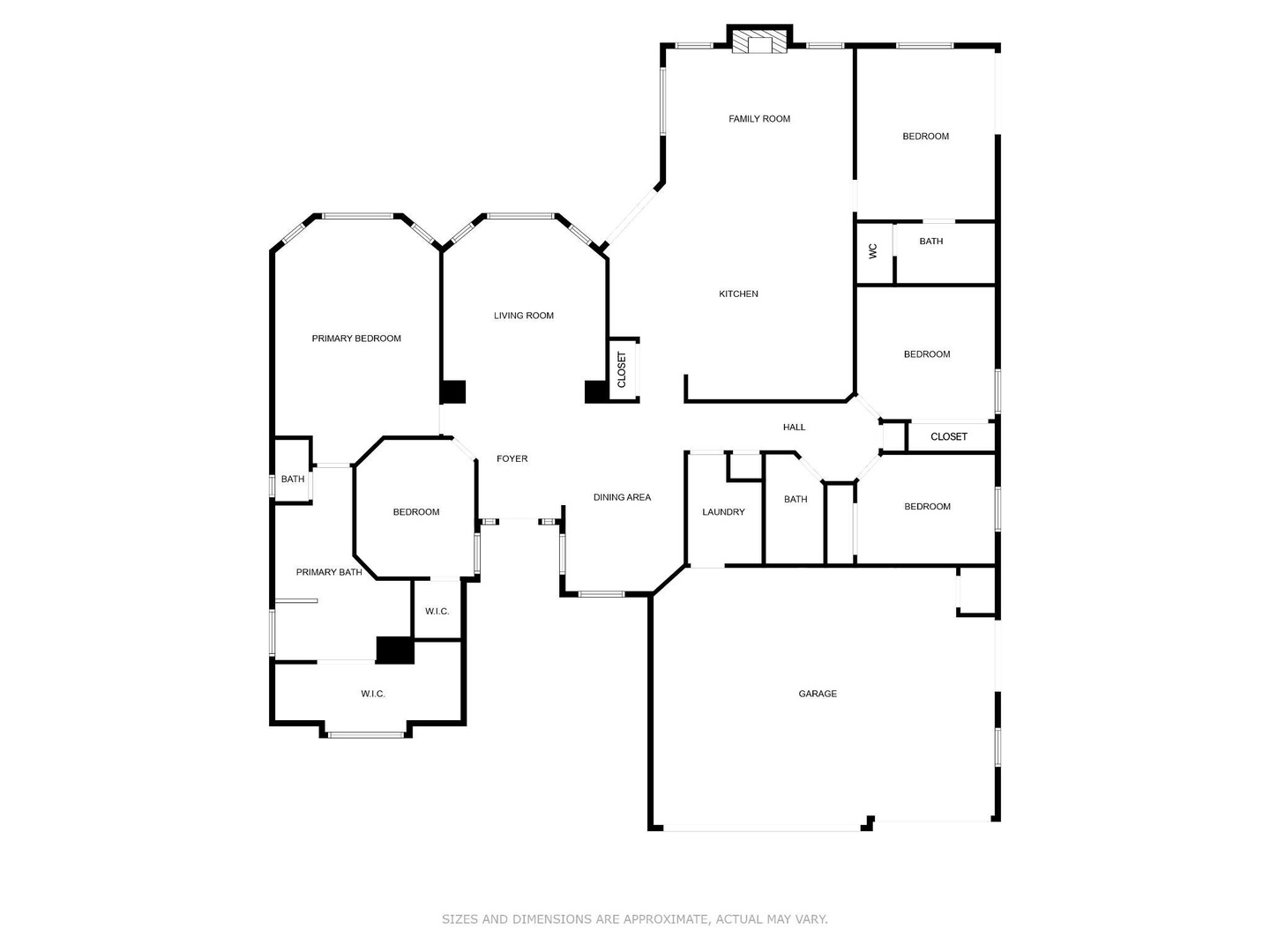Spacious home layout with five bedrooms, three bathrooms, open living areas, and a family room.