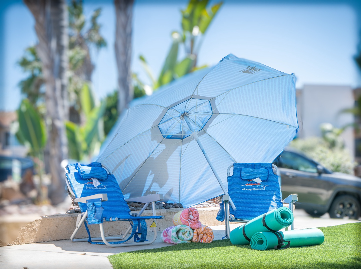 Beach gear: Beach chairs for adults and children, beach towels, yoga mats, umbrella, beach toys, and  beach wagon