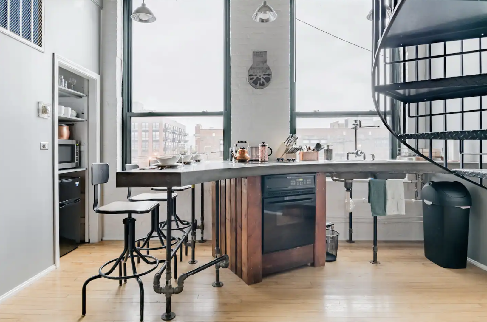 Unique kitchen layout with tons of natural lighting