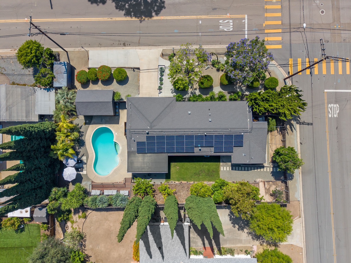 Aerial view of the property showcasing a vibrant blue pool surrounded by lush landscaping, mature trees, and a well-maintained backyard with neighboring urban streets.