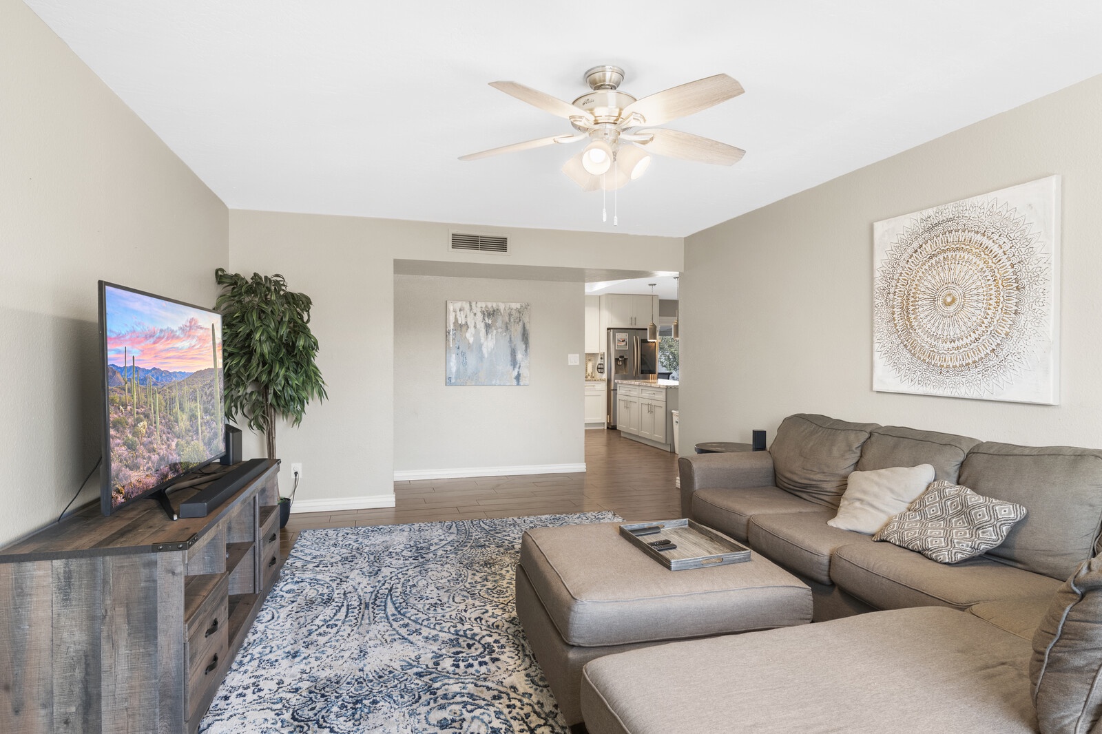 You'll find a large sectional sofa and huge flat screen tv connected to the web for Netflix and Hulu. There is a large sofa sectional with plenty of seating for your entire group to relax.