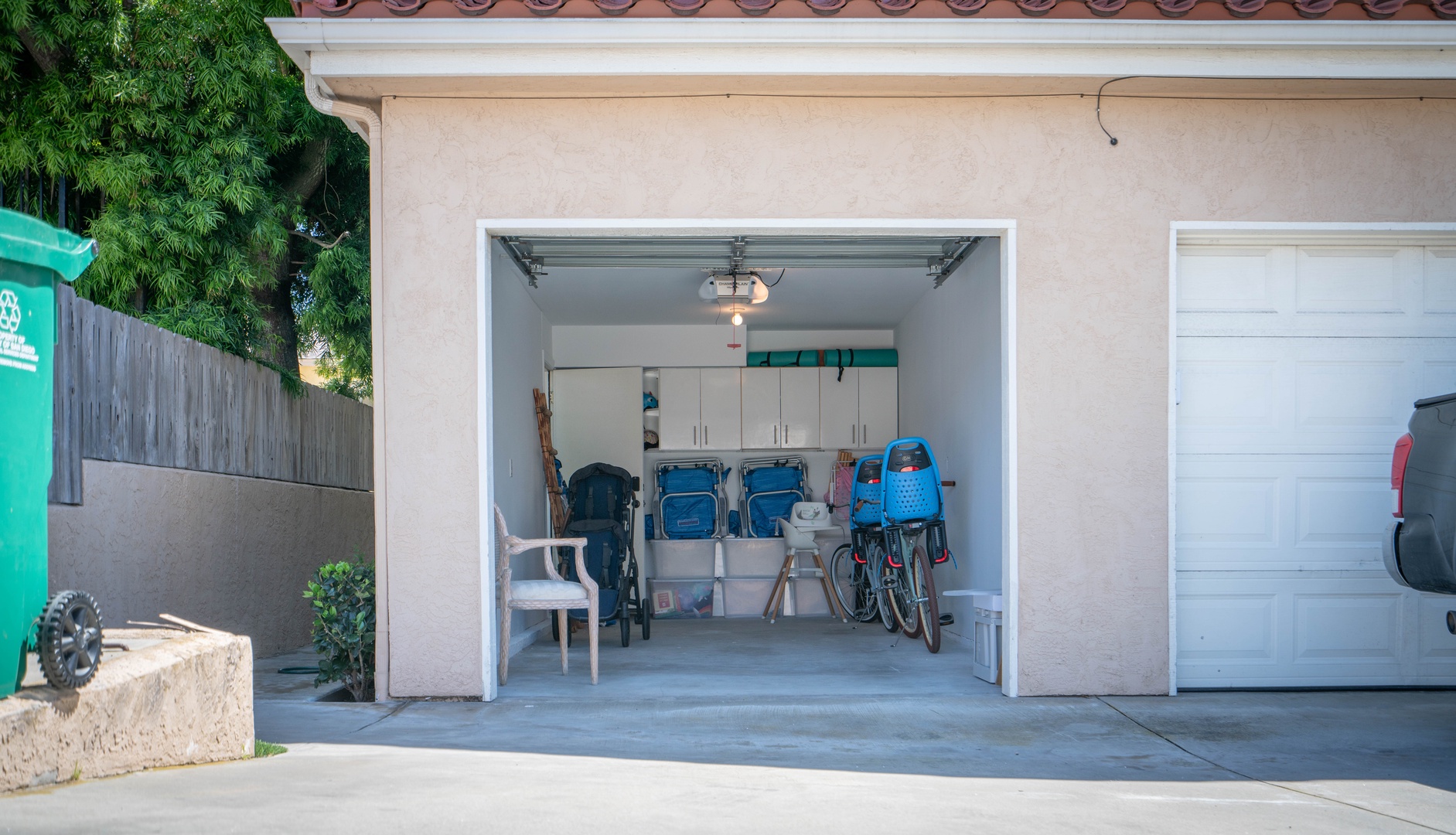 Rear garage. One dedicated parking spot available on driveway in front of garage. (please note: bikes are not available for guest use).