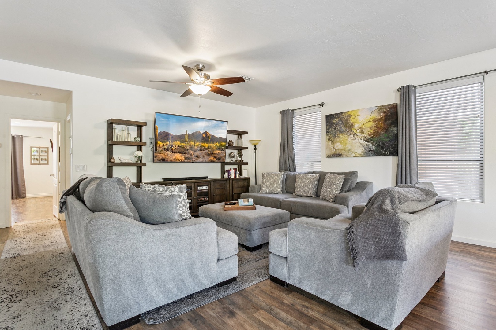 Sink into plush gray seating while you catch up on shows or simply unwind after your adventures.