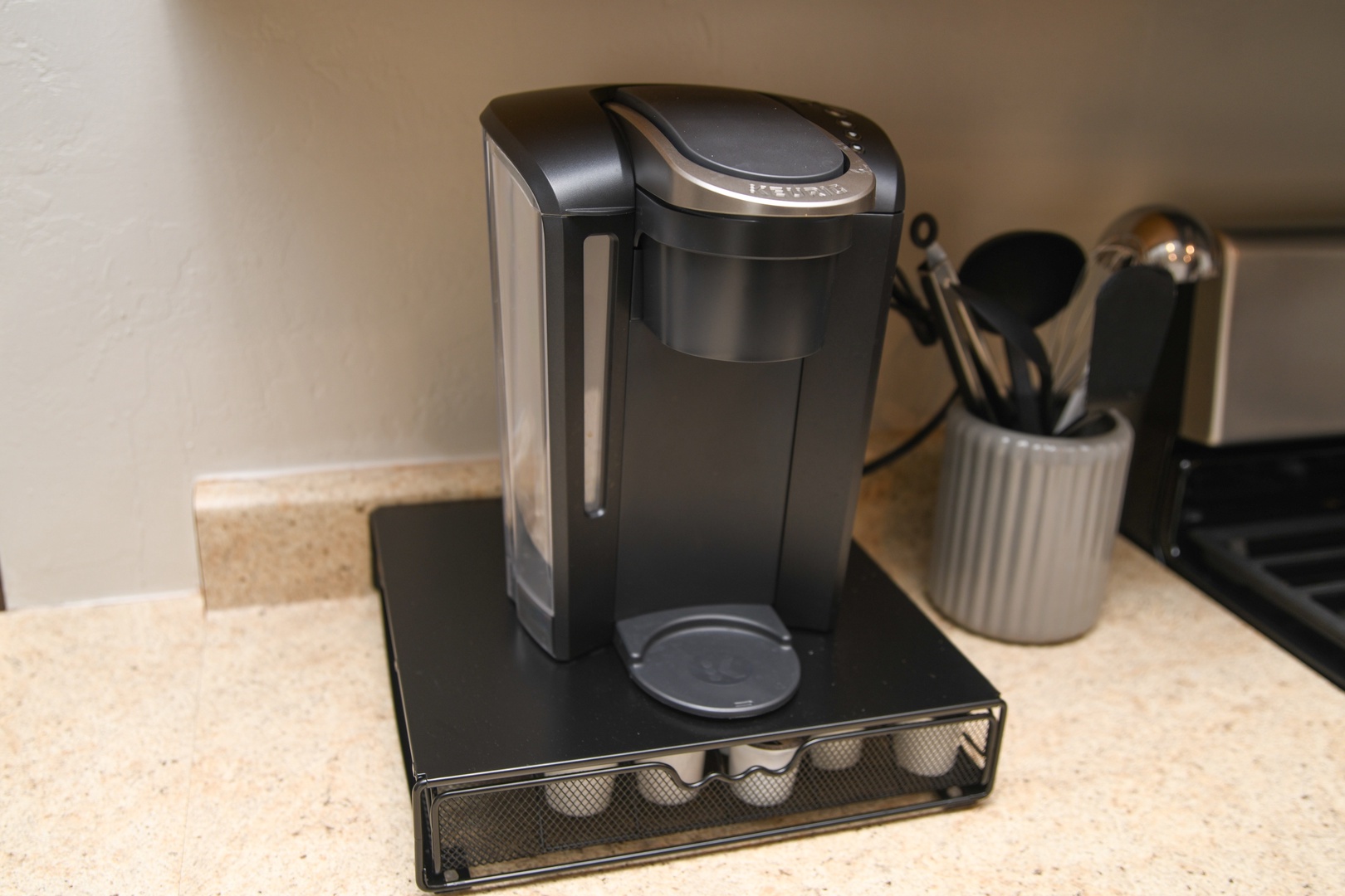 Keurig with K-cup in various flavors for coffee lovers!