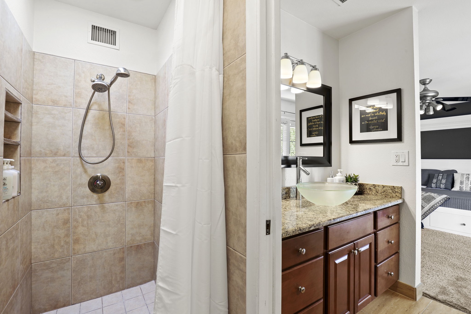 Spacious Master Bath Shower with complimentary body wash, shampoo, conditioner.