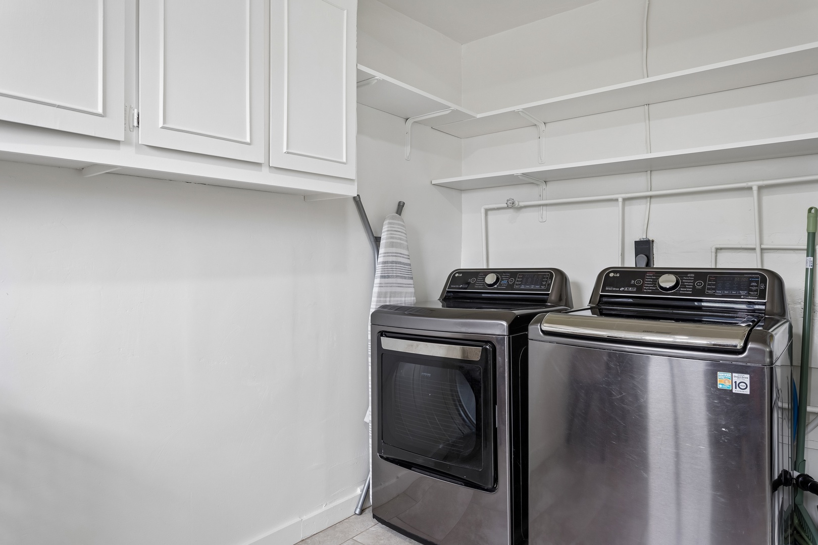 Your laundry is covered with a full-sized washer and dryer, plus plenty of cabinet and shelf space to keep everything organized and tidy during your stay.